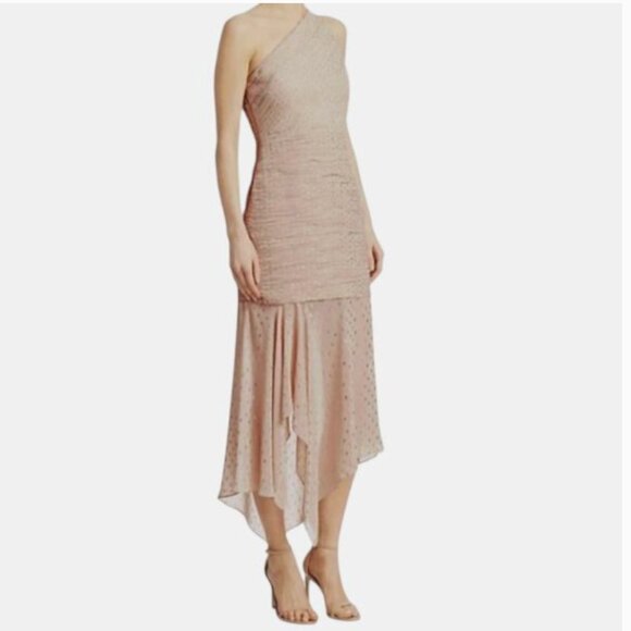HALSTON One Shoulder Pleated Metallic Chiffon Dress, Champagne Gold, 8 - Picture 7 of 7